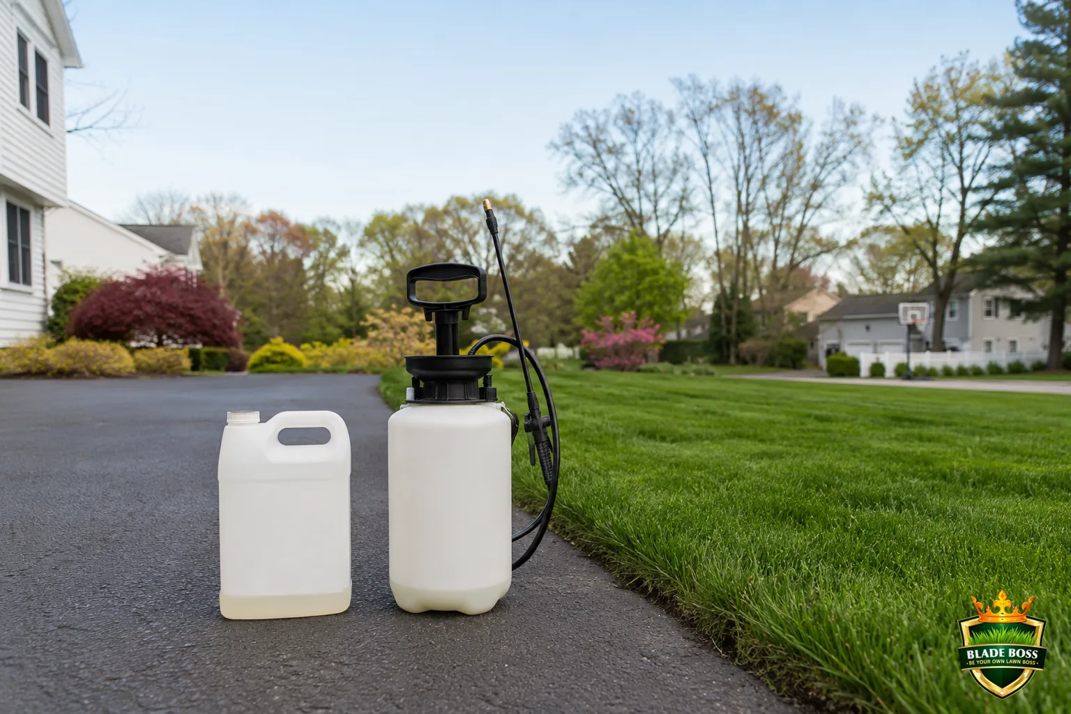 A bottle of consumer lawn weed killer concentrate next to a pump sprayer on a driveway beside a green lawn, ready to mix and spot-treat clover