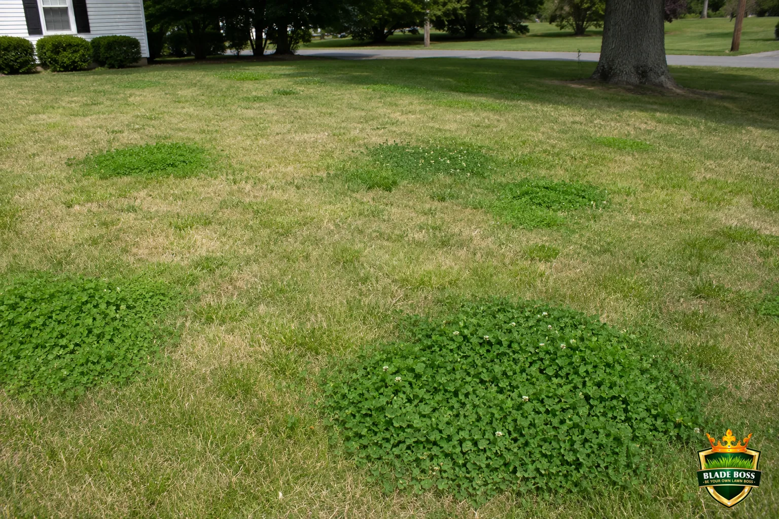 A lawn showing a clear contrast between dark green vigorous clover patches and pale thin hungry-looking grass around them, illustrating a nitrogen-deficient lawn