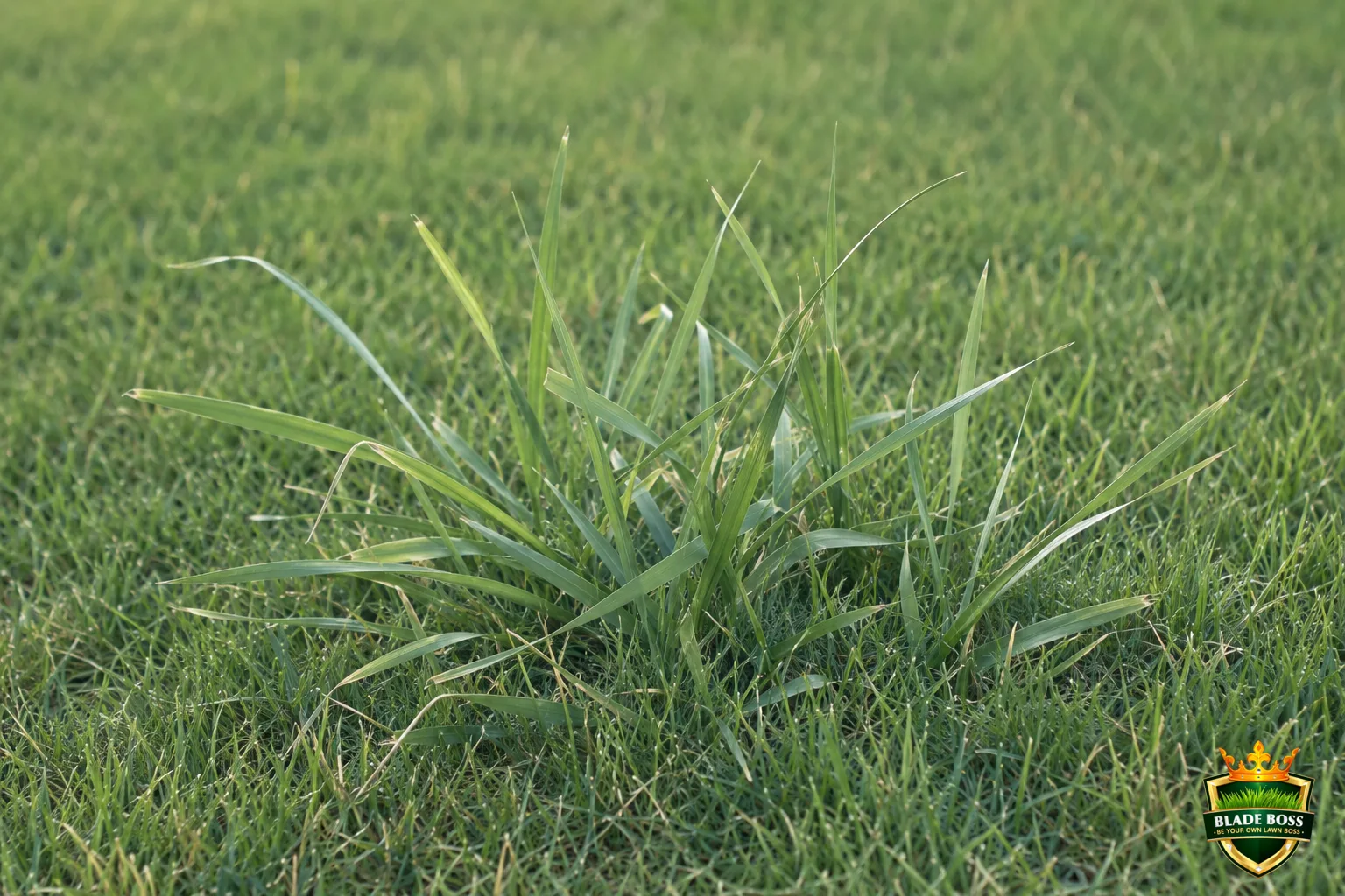 A close-up of a coarse grassy weed clump such as tall fescue or quackgrass with wider, rougher, slightly different-colored blades standing out against the finer, more uniform surrounding lawn