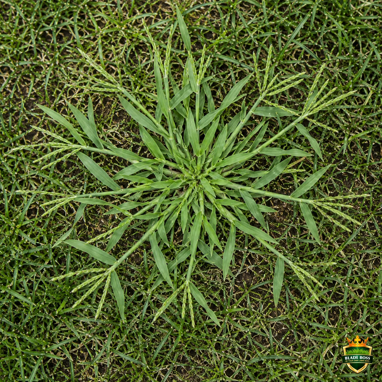 Crabgrass weed identification photo, top-down view in a lawn