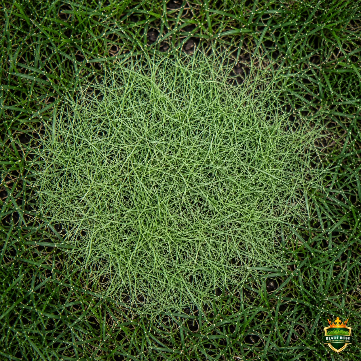 Creeping Bentgrass weed identification photo, top-down view in a lawn