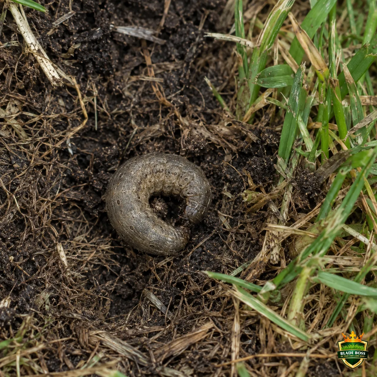 Cutworms lawn pest identification photo, close-up in turf