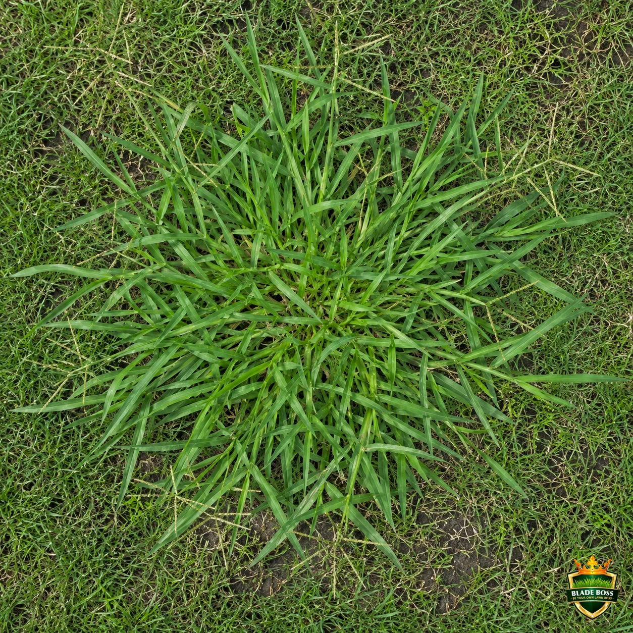 Dallisgrass weed identification photo, top-down view in a lawn