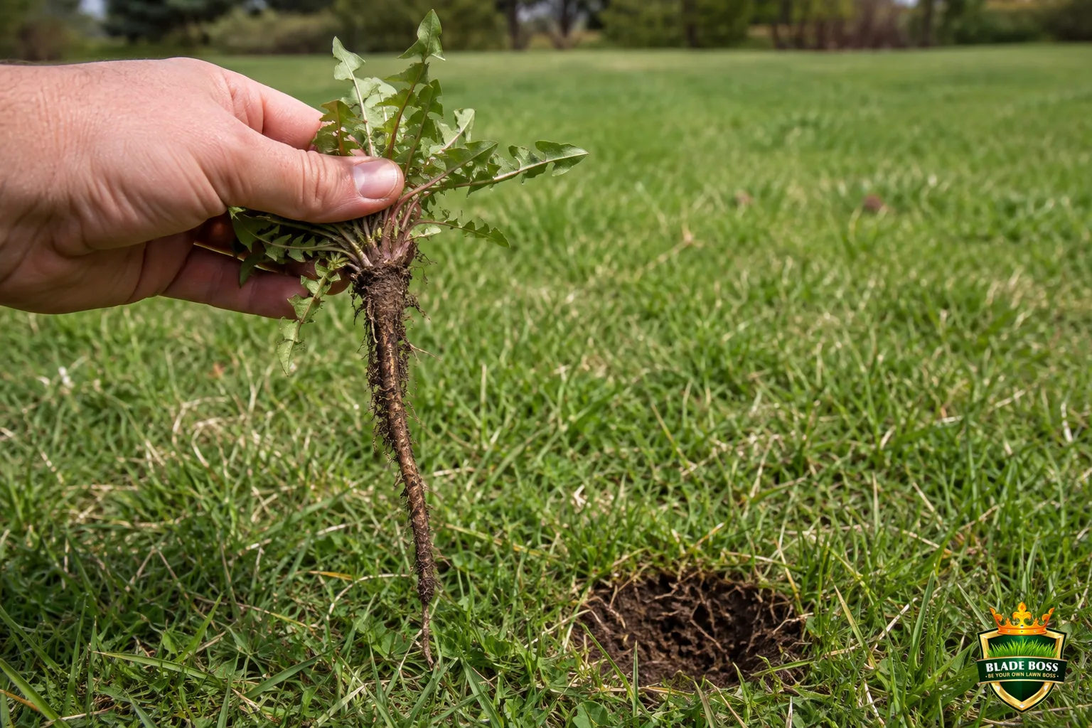 A dandelion freshly dug out of the soil held up beside the hole it came from, showing its long single deep taproot intact