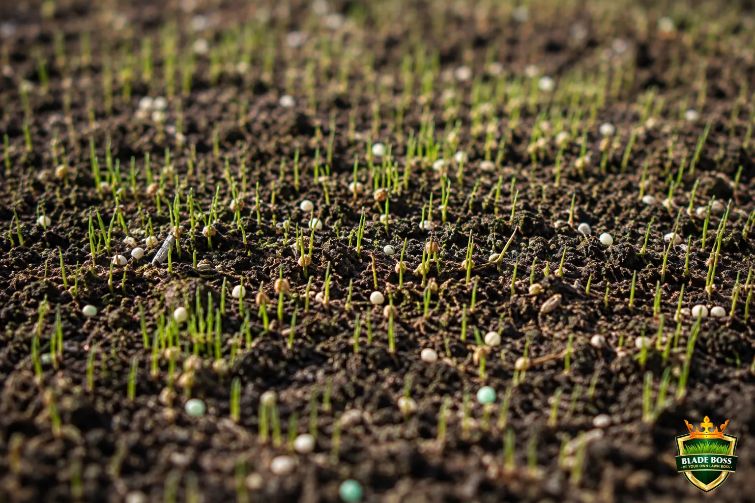 A freshly seeded patch of dark soil with tiny new grass seedlings just beginning to germinate, starter fertilizer granules visible