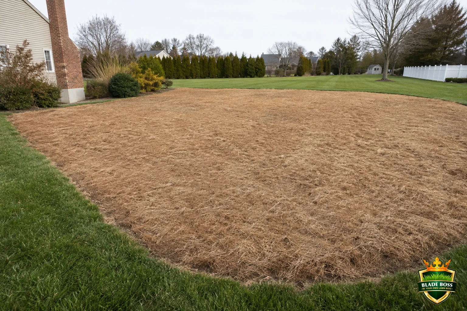 A section of lawn sprayed with glyphosate and turned completely brown and dead, ready for dethatching and reseeding, contrasting with green lawn at the edges