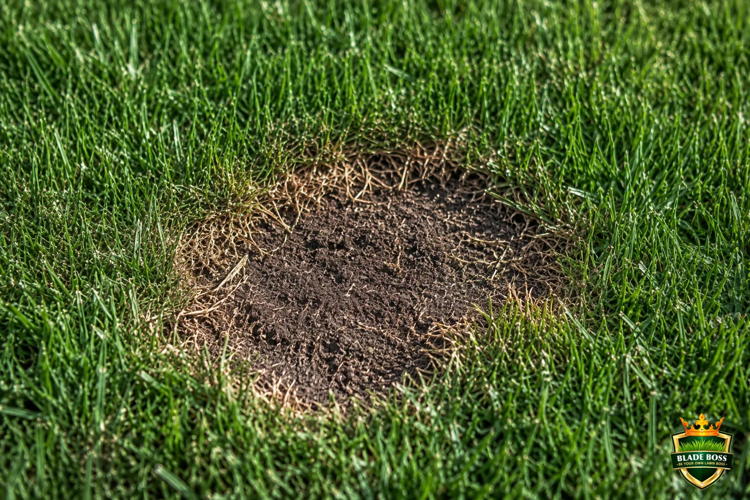 A small dead brown patch in a green lawn where a grassy weed clump was spot-killed with glyphosate, the dead material raked out and bare soil exposed, ready to reseed