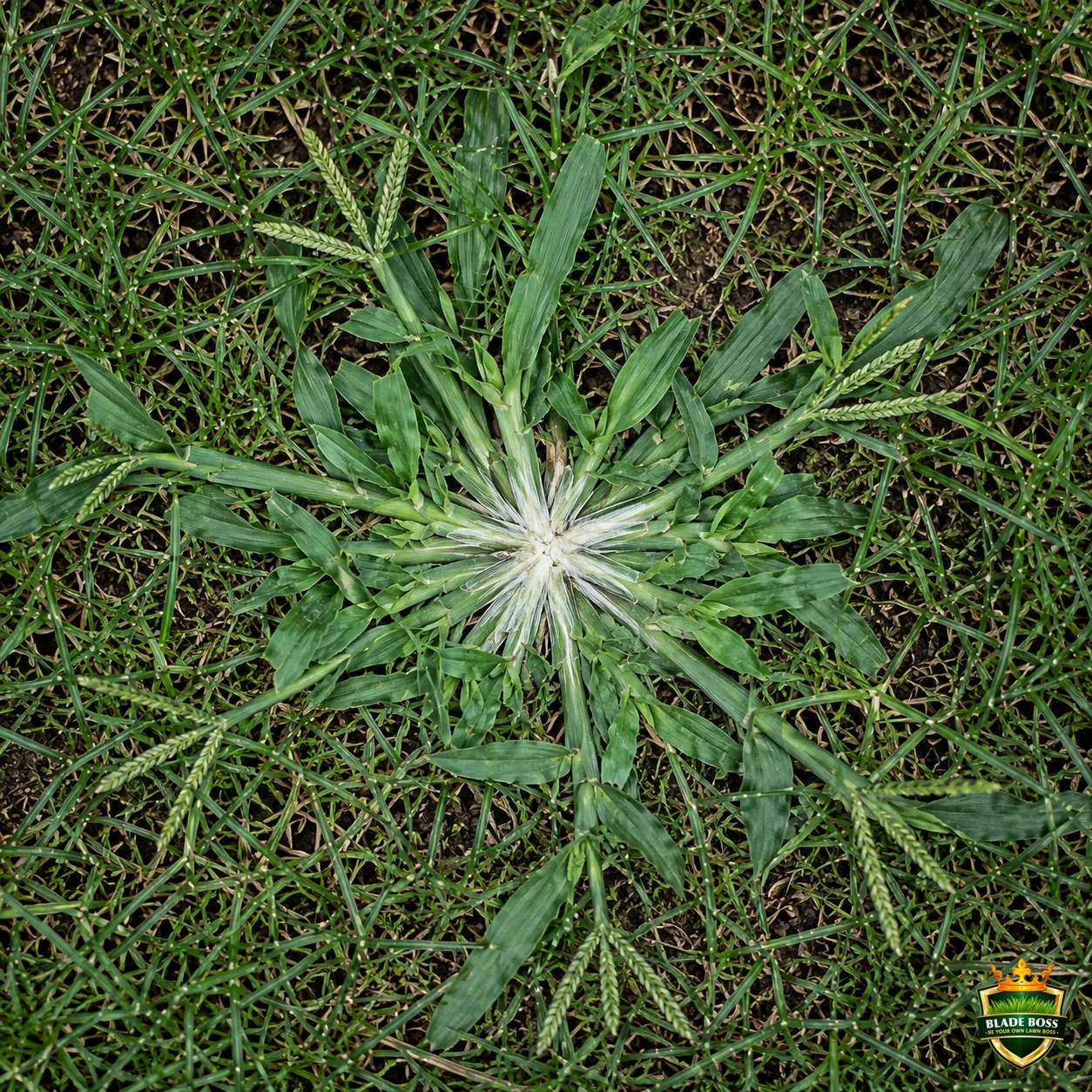 Goosegrass weed identification photo, top-down view in a lawn