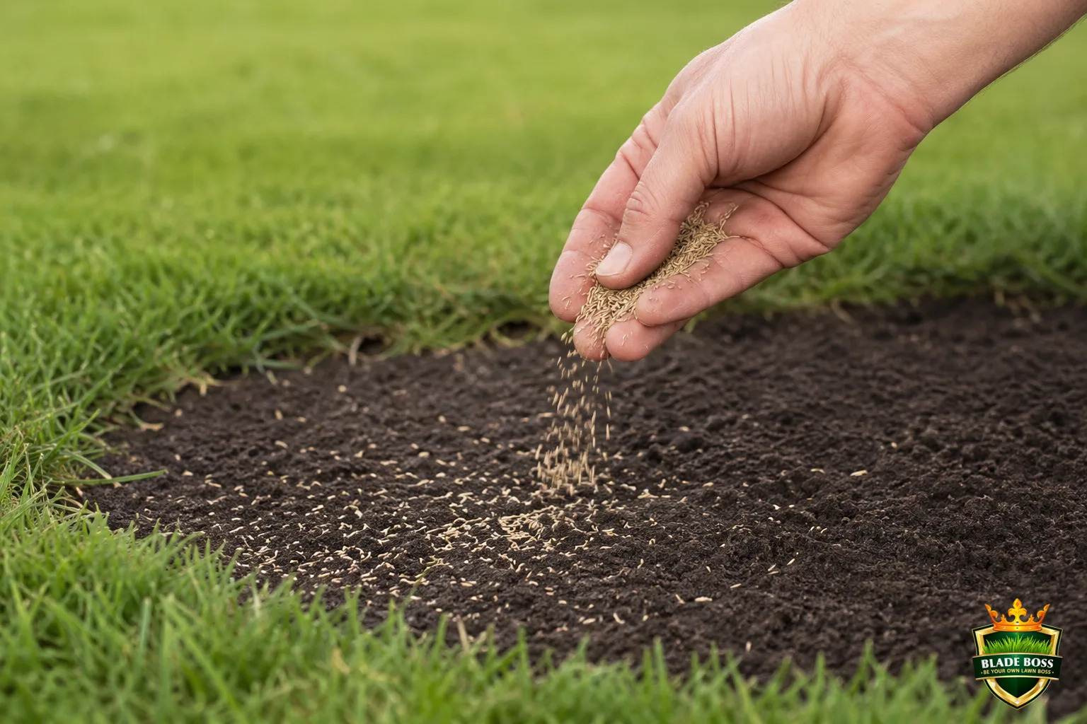 A hand scattering grass seed over a bare patch of soil in a lawn, showing the overseed versus barrier decision
