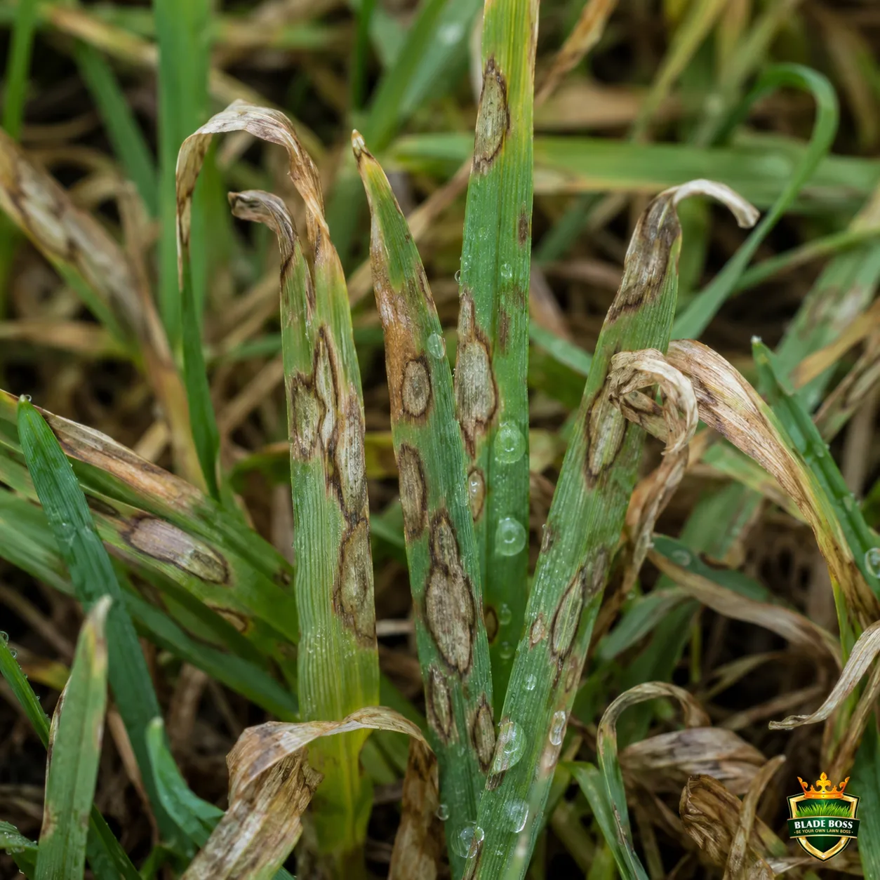 Gray Leaf Spot lawn disease identification photo, close-up in turf
