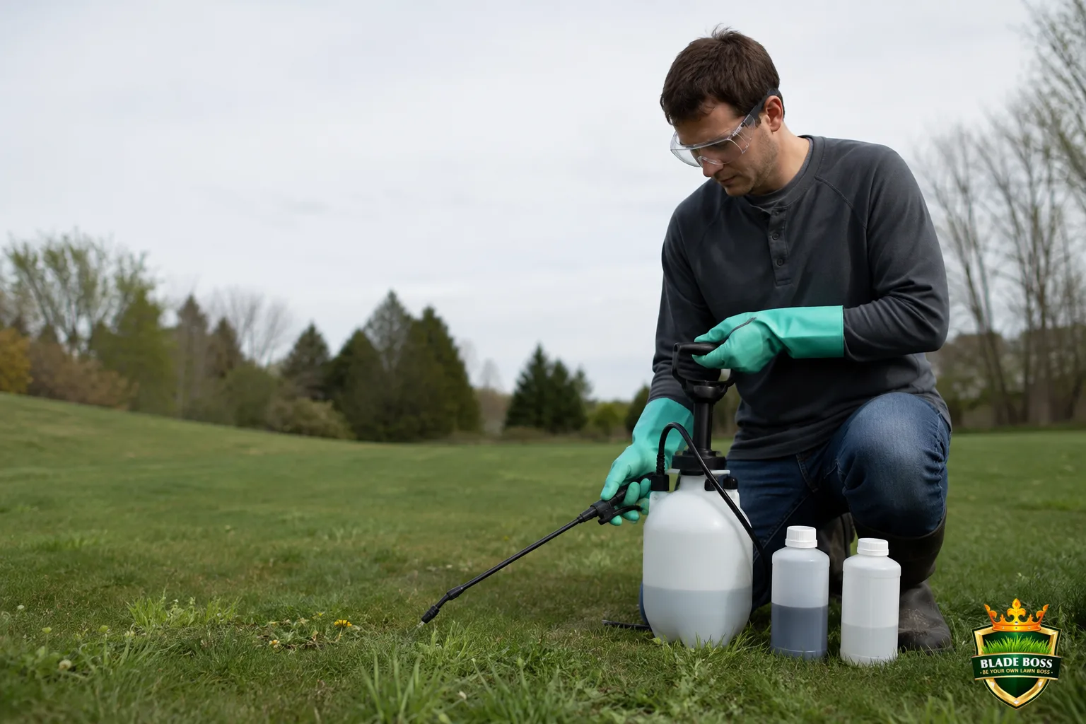 A person wearing chemical-resistant gloves and safety glasses holding a pump sprayer with bottles of herbicide and surfactant, geared up and protected before spraying