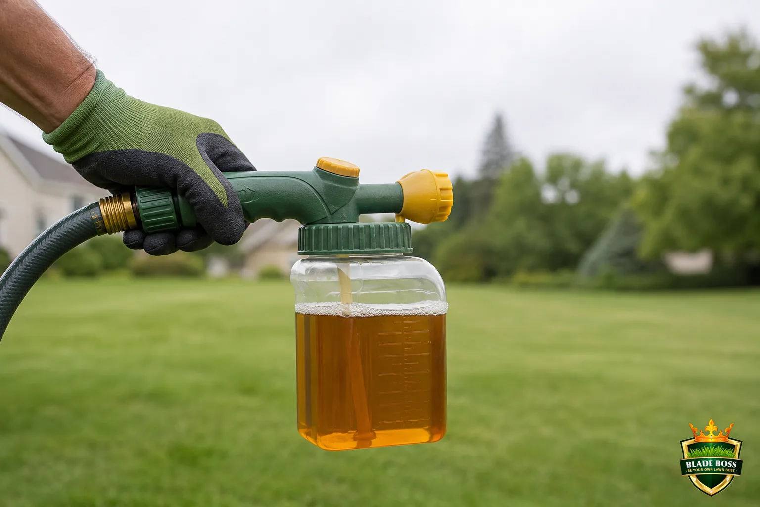 A hose-end sprayer jar attached to a garden hose filled with amber weed-killer concentrate, a gloved hand holding it ready over a lawn