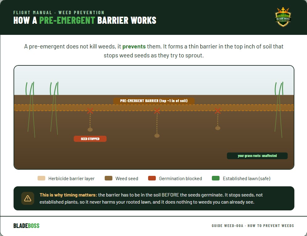 Cross-section showing a pre-emergent barrier in the top inch of soil, weed seeds sprouting up are stopped and killed at the barrier before reaching the surface, while established lawn grass rooted below the barrier is unaffected