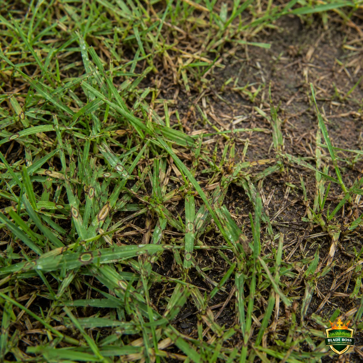 Leaf Spot and Melting Out lawn disease identification photo, close-up in turf