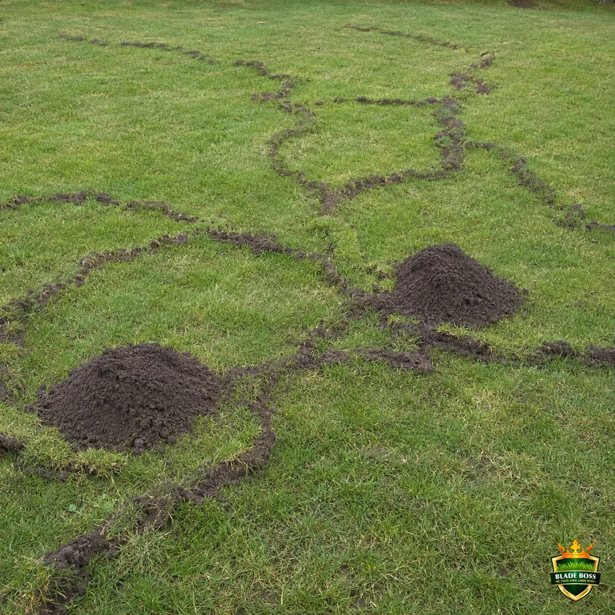 Moles lawn pest identification photo, close-up in turf
