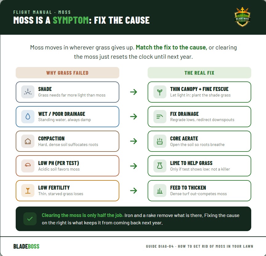 Diagram matching each moss cause to its real fix: shade to thinning the canopy and fine fescue, wet soil to drainage, compaction to aeration, low pH to lime per soil test, and low fertility to feeding, showing that moss is a symptom of grass failing