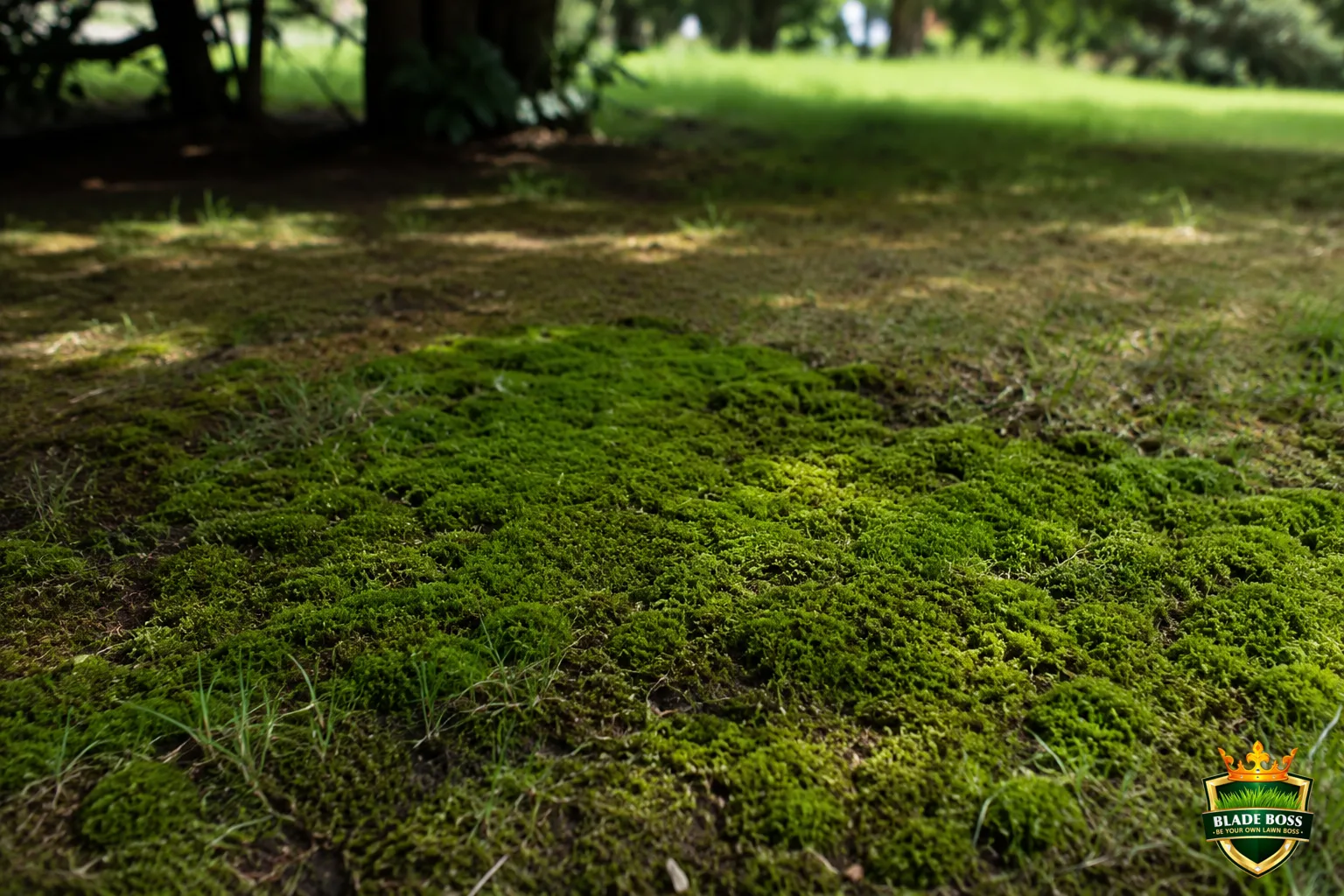 A patch of low green velvety moss growing in a shady damp area of a lawn under trees where the surrounding grass is thin and struggling
