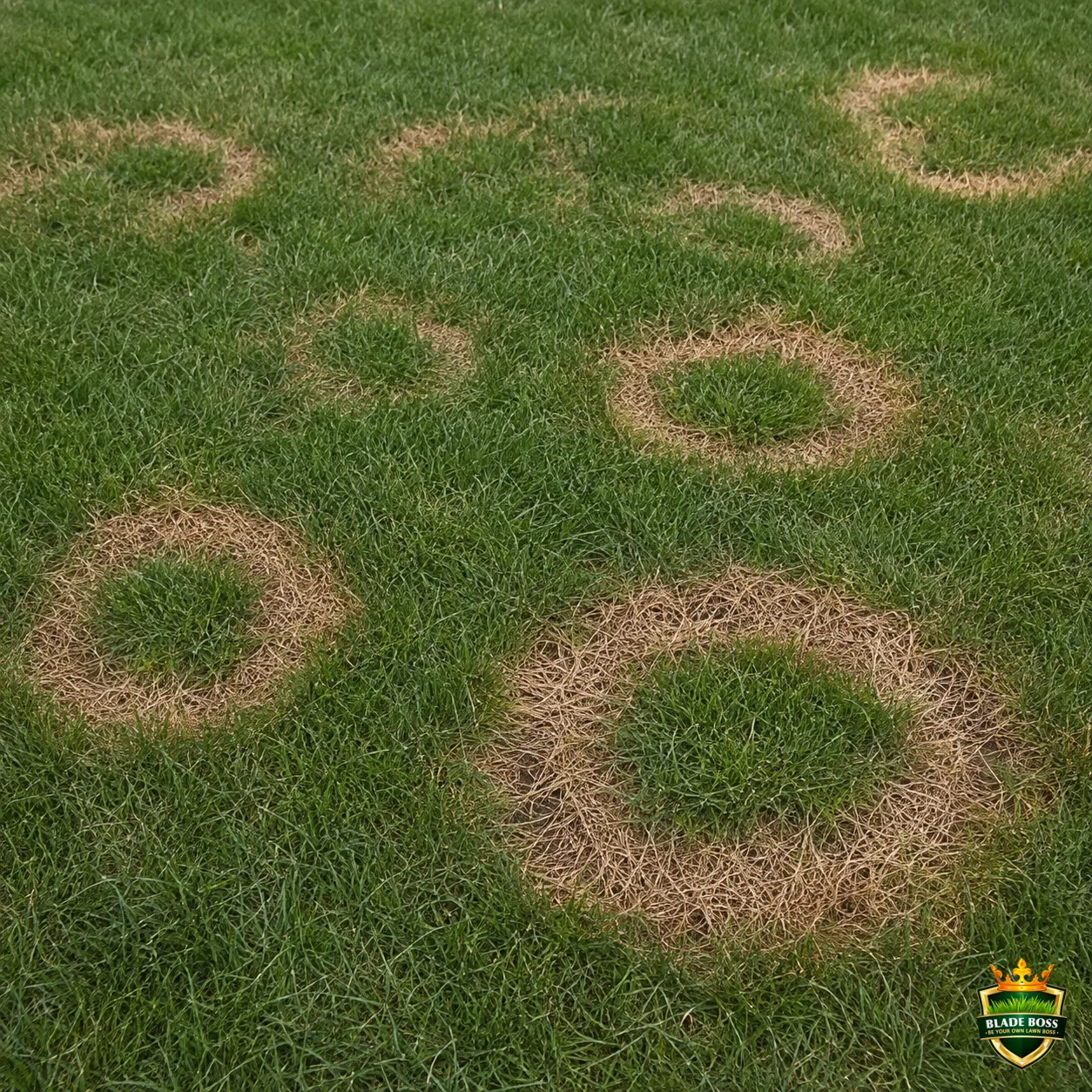 Necrotic Ring Spot lawn disease identification photo, close-up in turf