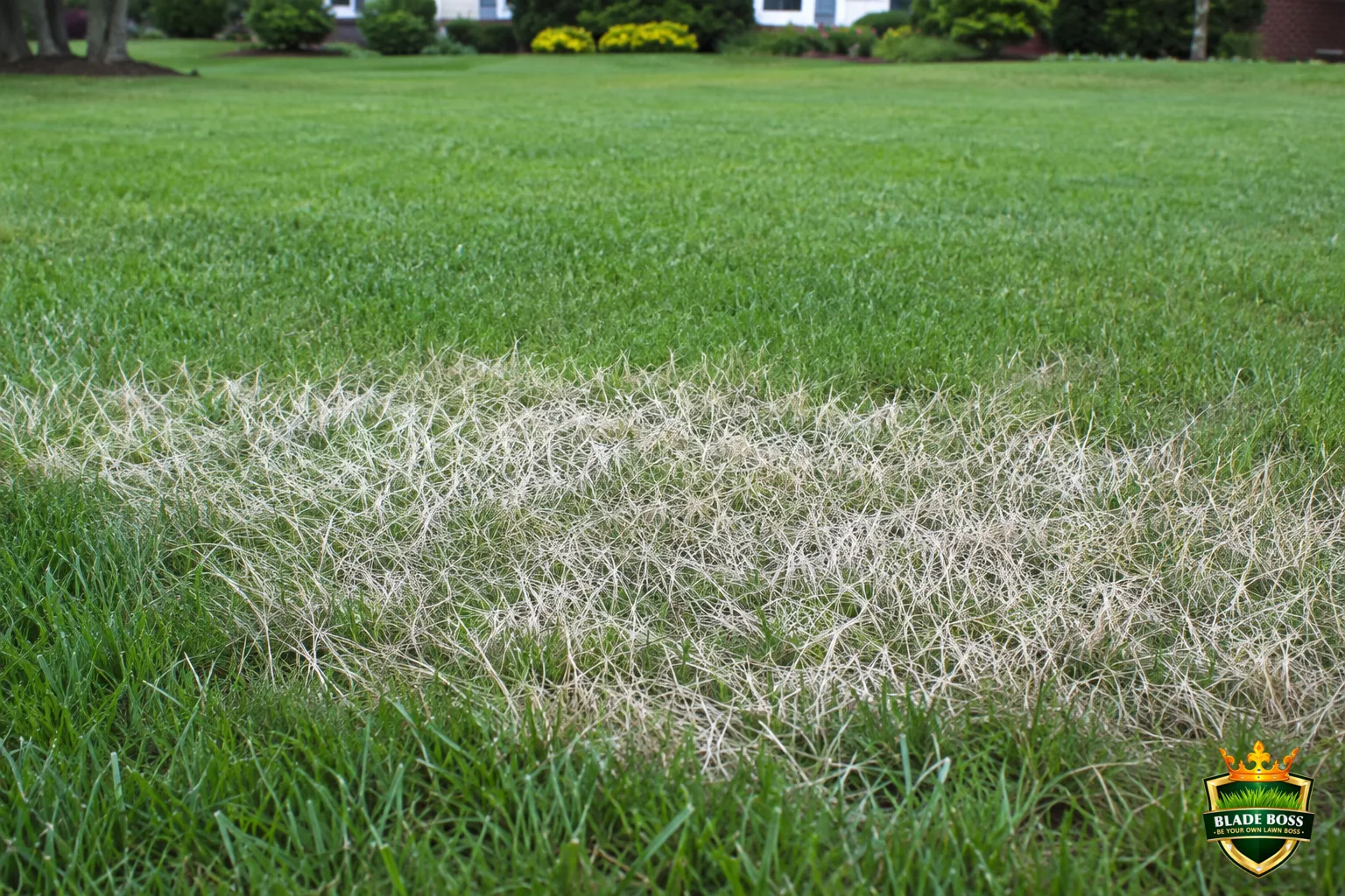 A patch of thin wiry grassy weed nimblewill that has turned bleached white after being treated with a selective herbicide, contrasting sharply with the green lawn around it