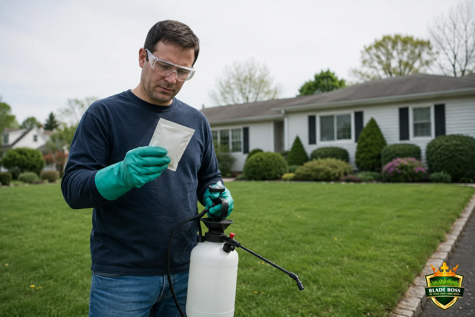 A person wearing chemical-resistant gloves and safety glasses holding a nutsedge herbicide packet and a pump sprayer, geared up and protected before spraying