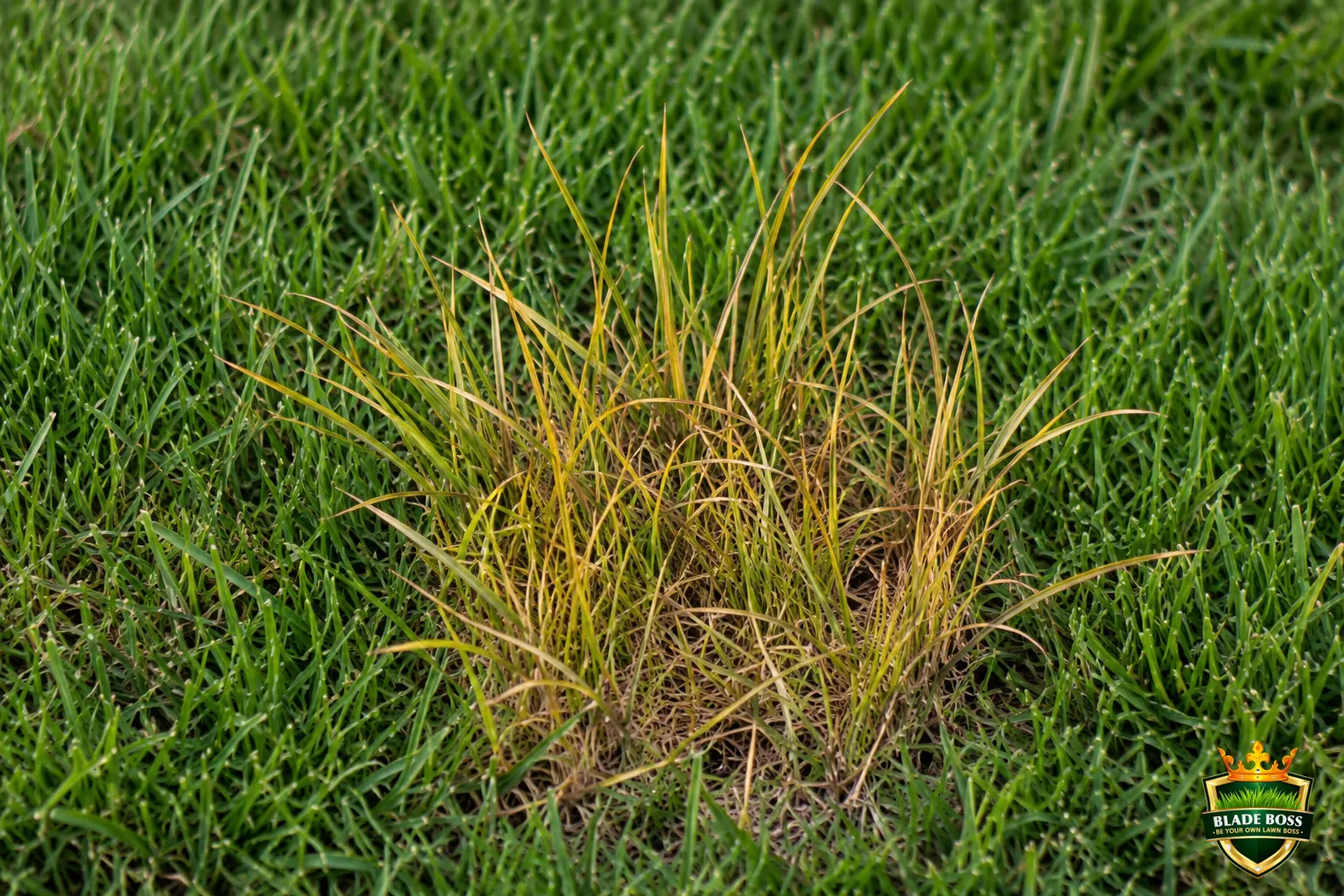 A clump of nutsedge that has been sprayed and is now yellowing and dying back on a lawn, while the surrounding grass stays green
