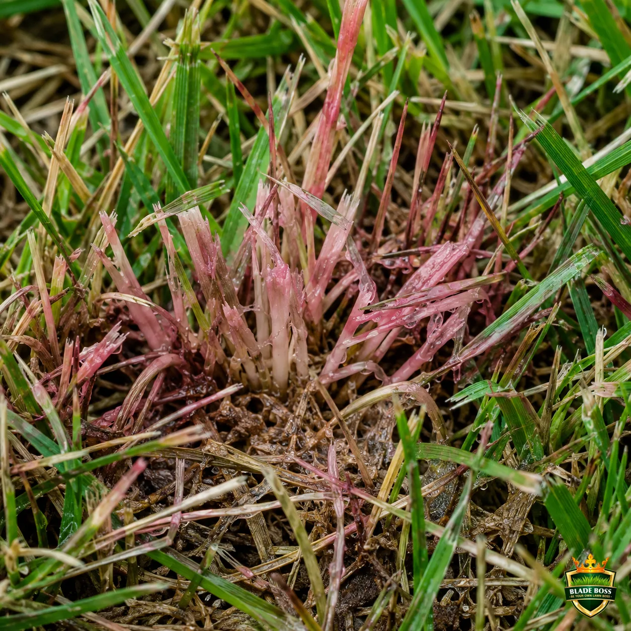 Pink Patch lawn disease identification photo, close-up in turf