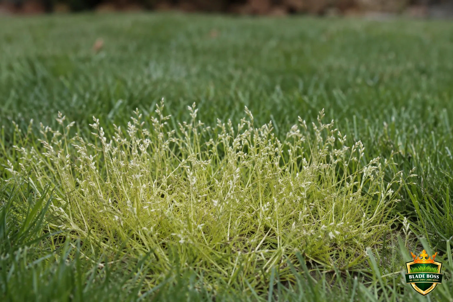 A close-up patch of Poa annua annual bluegrass showing its lighter yellow-green color and mass of small white seedheads standing out against the darker green surrounding turf