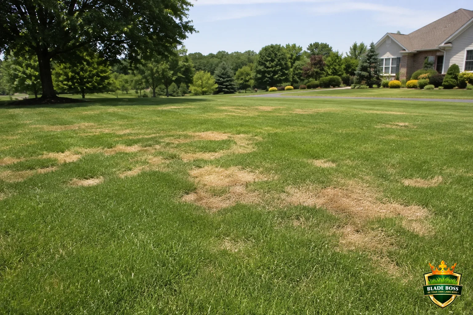 Patches of annual bluegrass browning and dying out in warming weather, the pale dying clumps contrasting with the surrounding green lawn