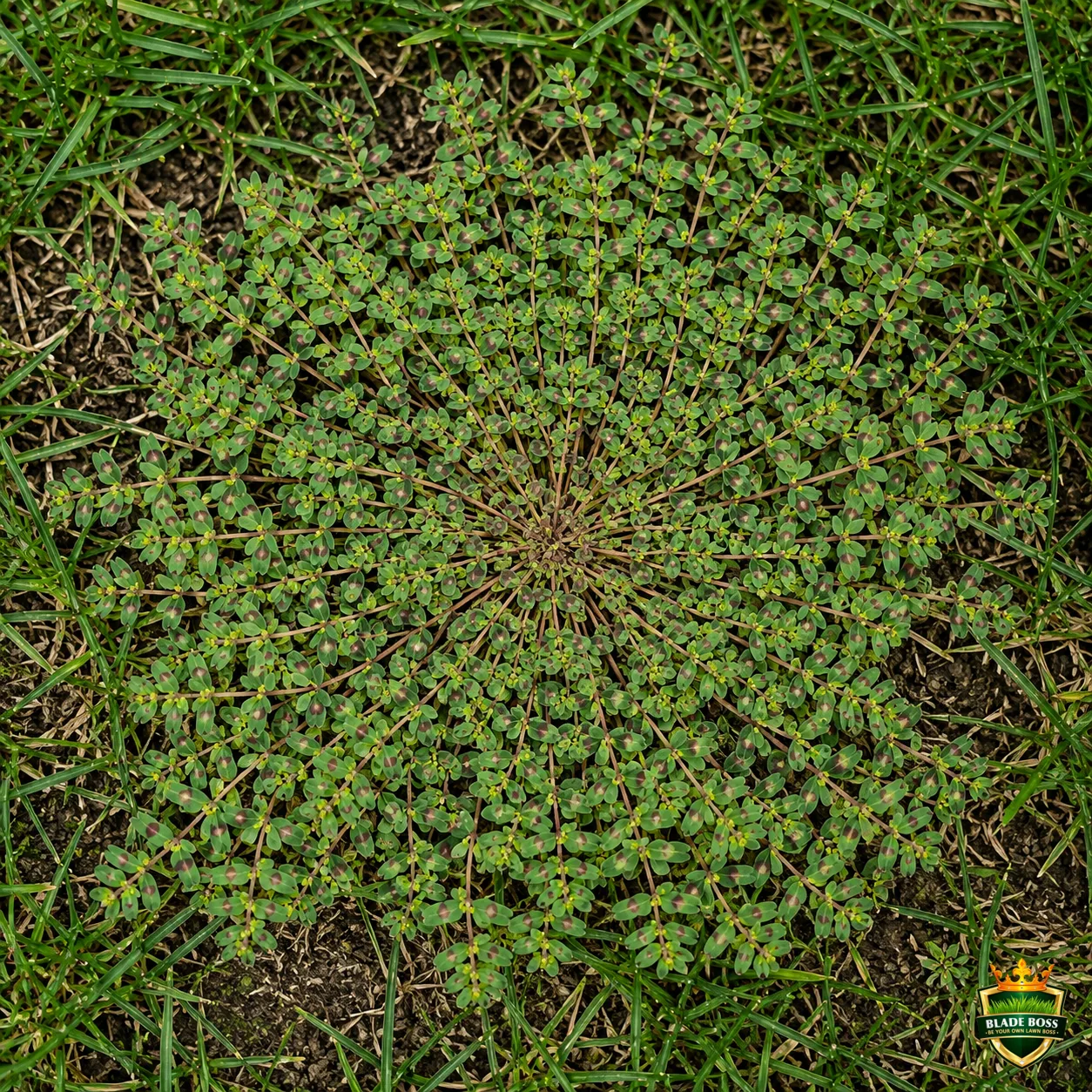 Prostrate Spurge weed identification photo, top-down view in a lawn