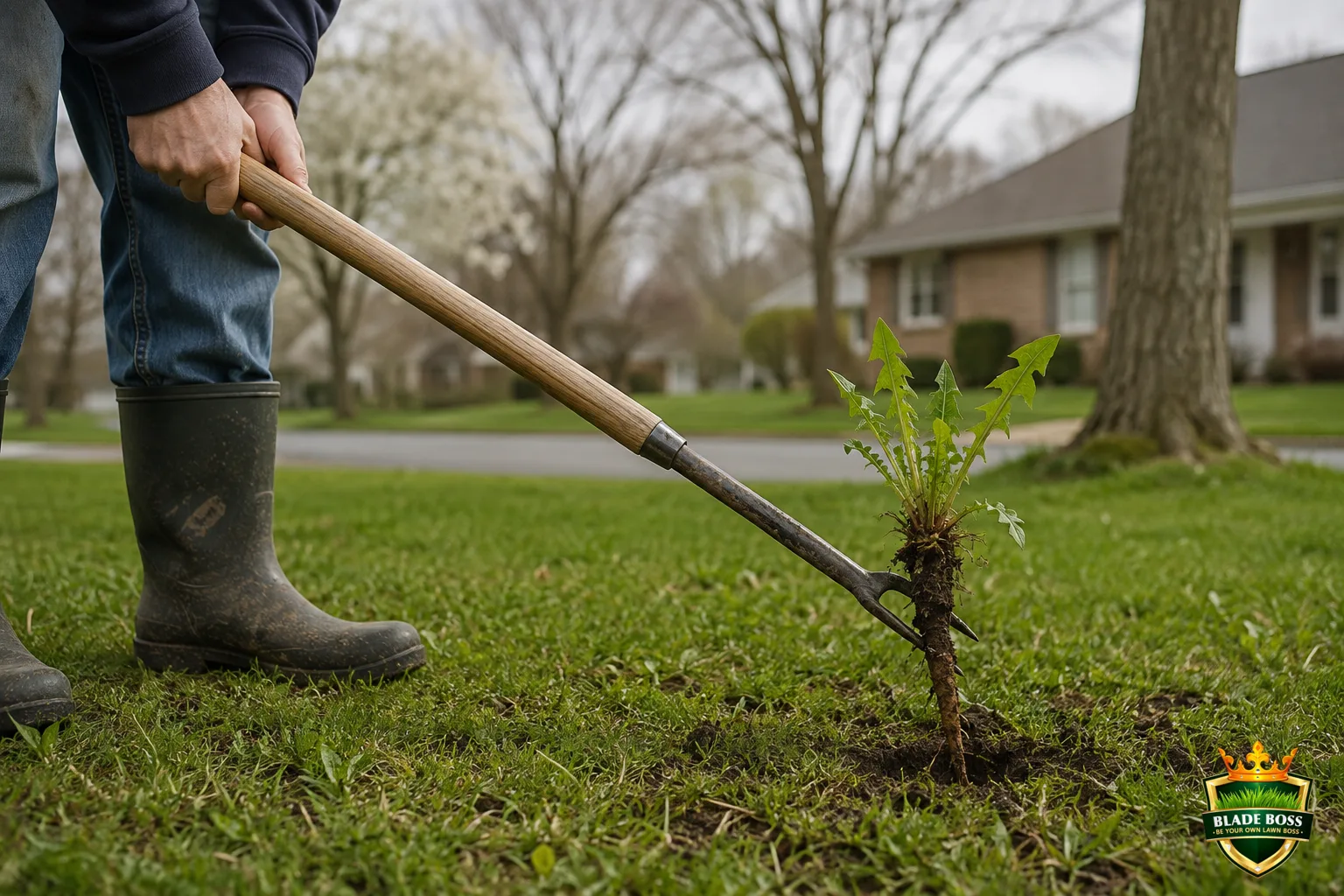 A person using a long forked dandelion or fishtail weeder tool to lever a dandelion and its full taproot up out of a lawn in moist soil