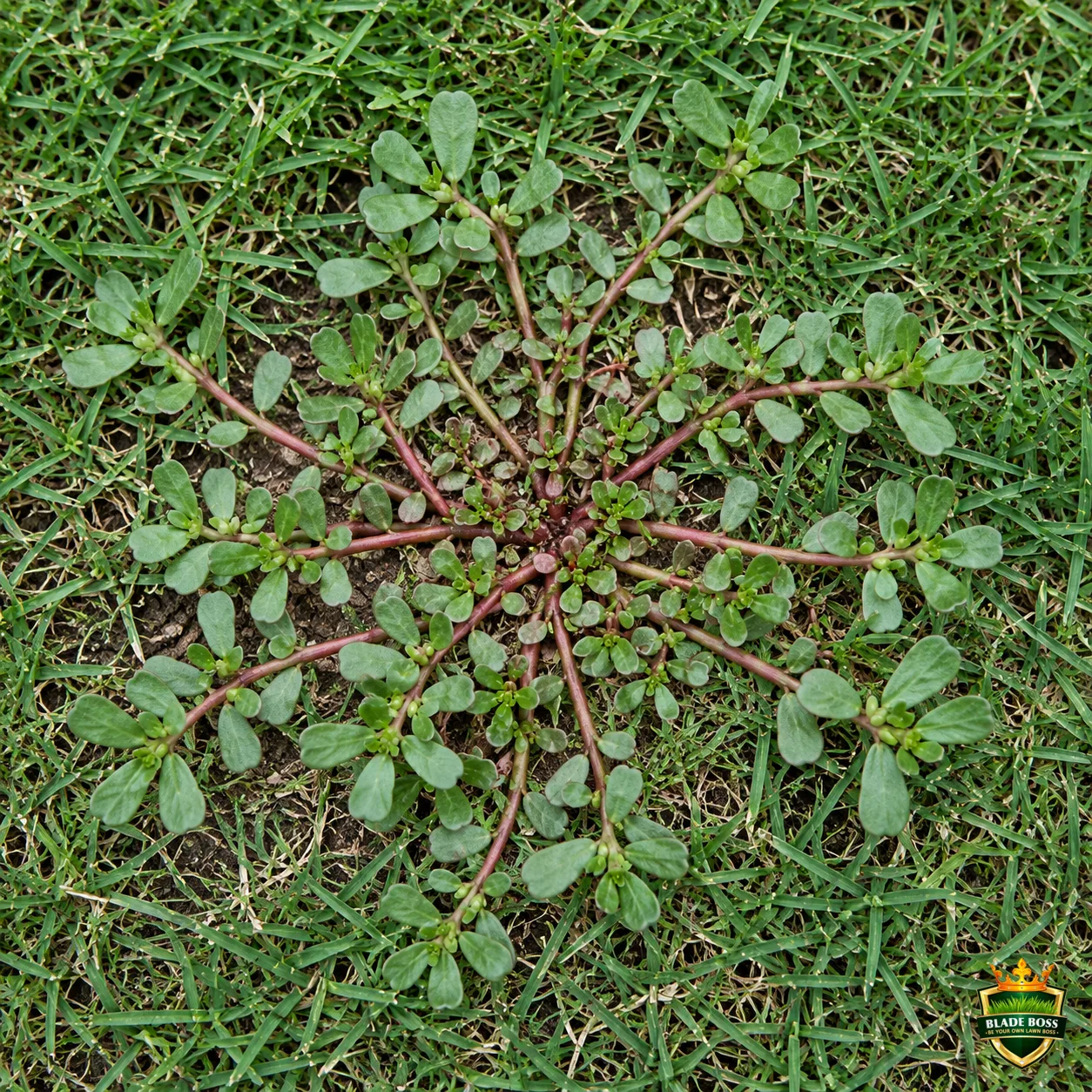 Purslane weed identification photo, top-down view in a lawn