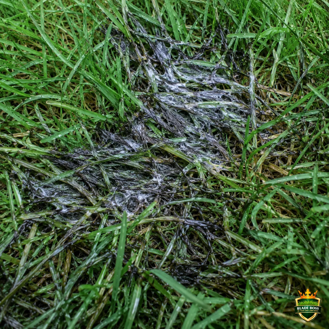 Pythium Blight lawn disease identification photo, close-up in turf