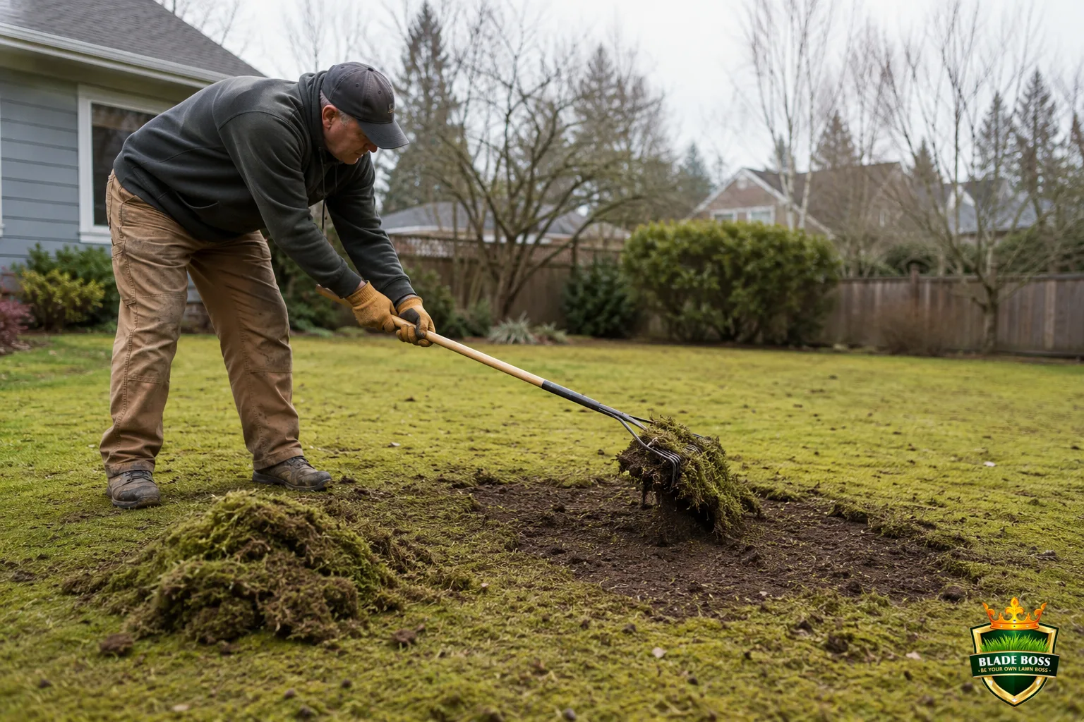 A person using a thatch rake to aggressively pull up a mat of moss from a lawn, exposing bare soil beneath, with a pile of raked moss nearby