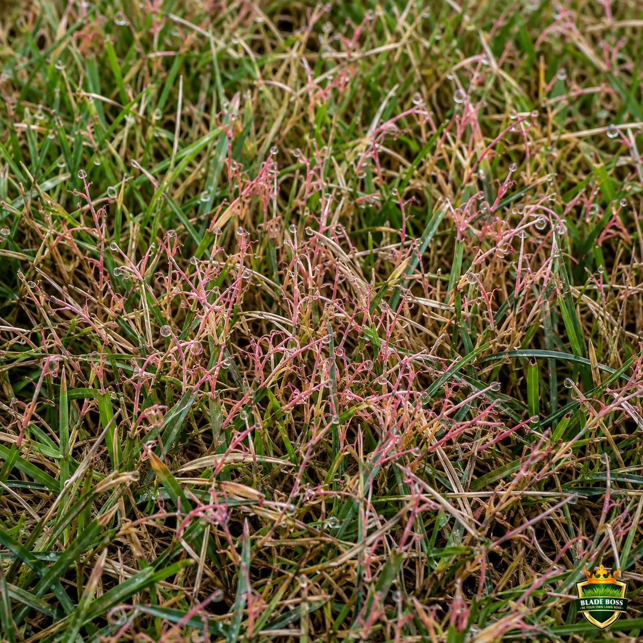 Red Thread lawn disease identification photo, close-up in turf