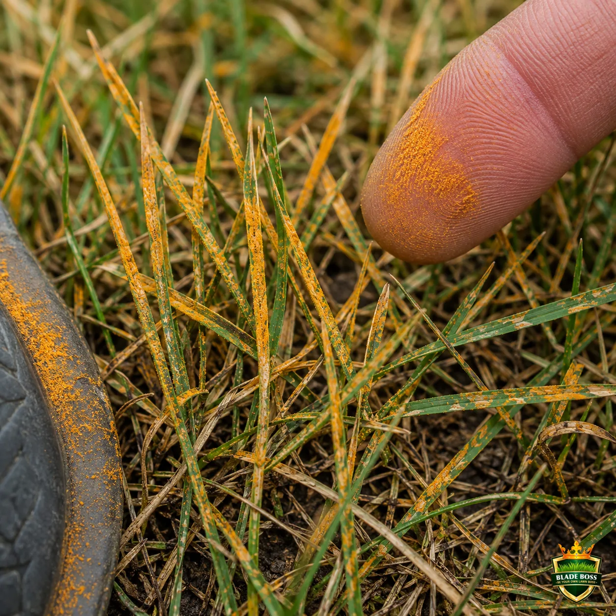 Rust lawn disease identification photo, close-up in turf