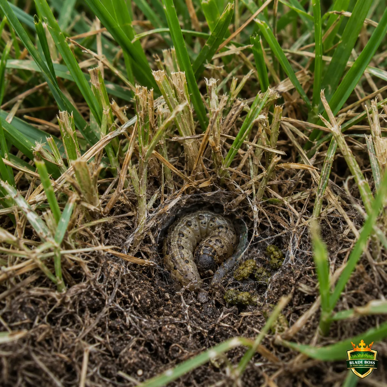 Sod Webworms lawn pest identification photo, close-up in turf