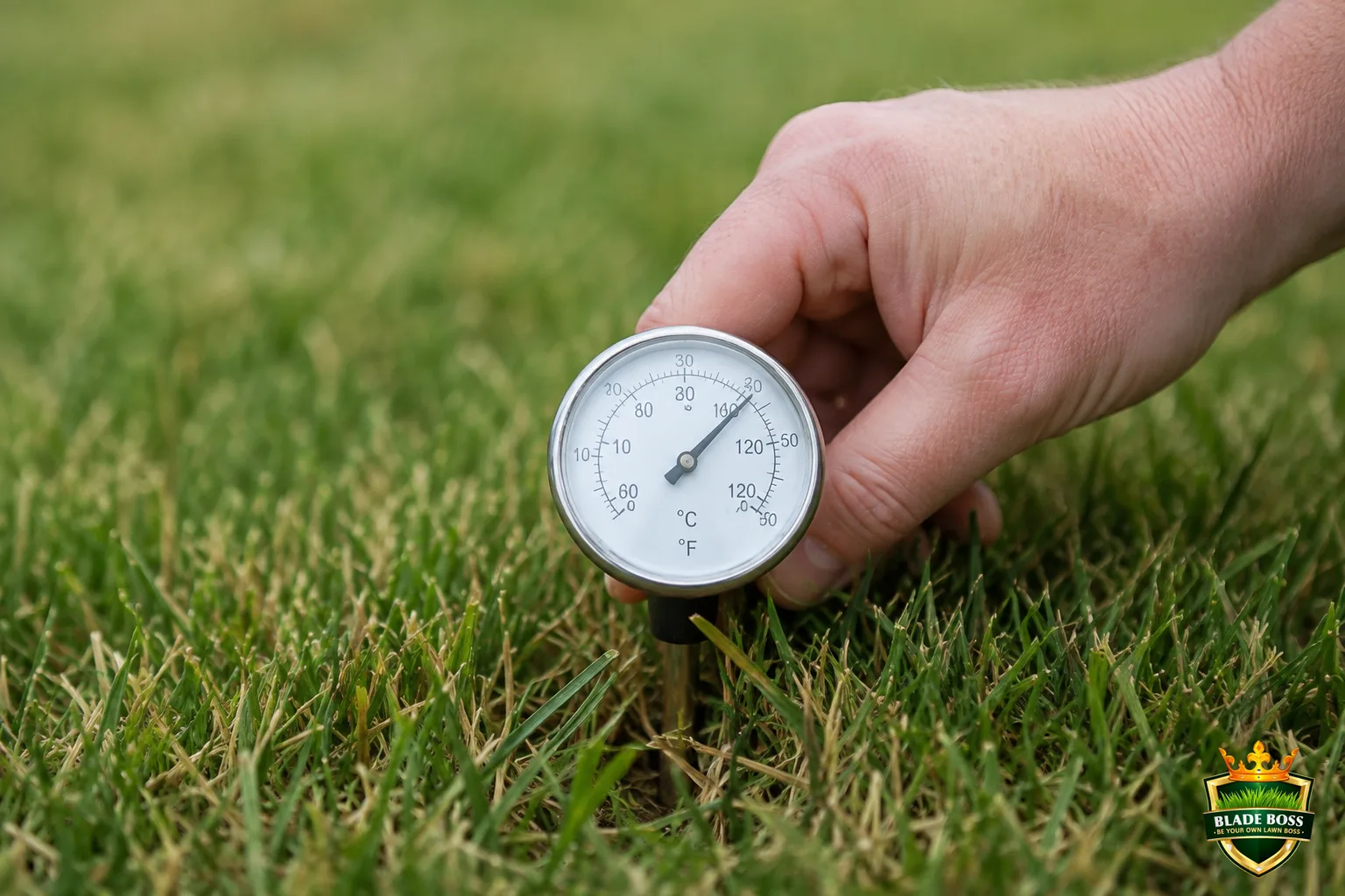 A soil thermometer inserted into a lawn taking a temperature reading at root depth, a hand steadying it among the grass blades