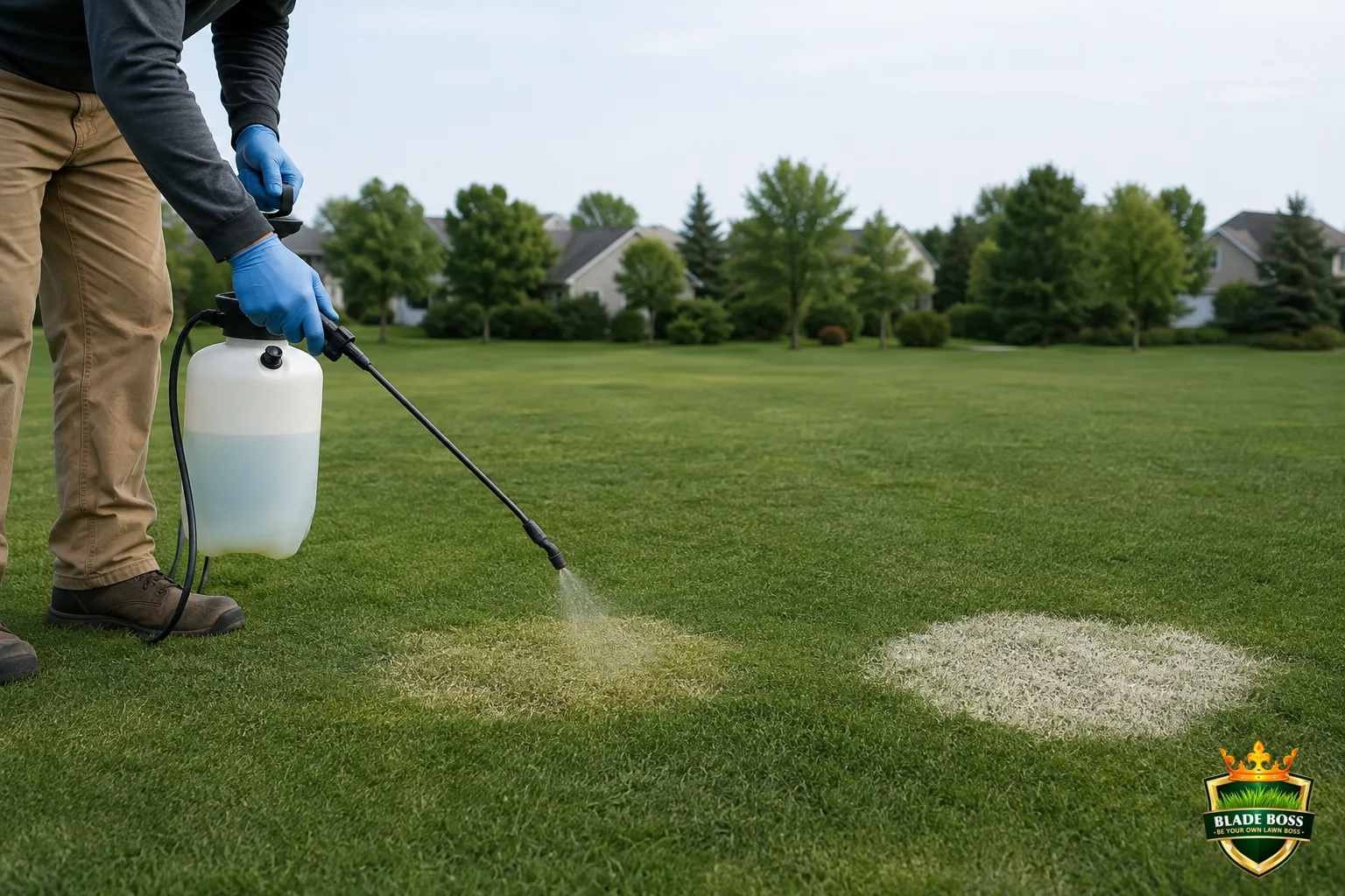 A gloved person spot-spraying a bentgrass patch with a pump sprayer while a nearby already-treated patch has turned bleached white from a previous mesotrione application