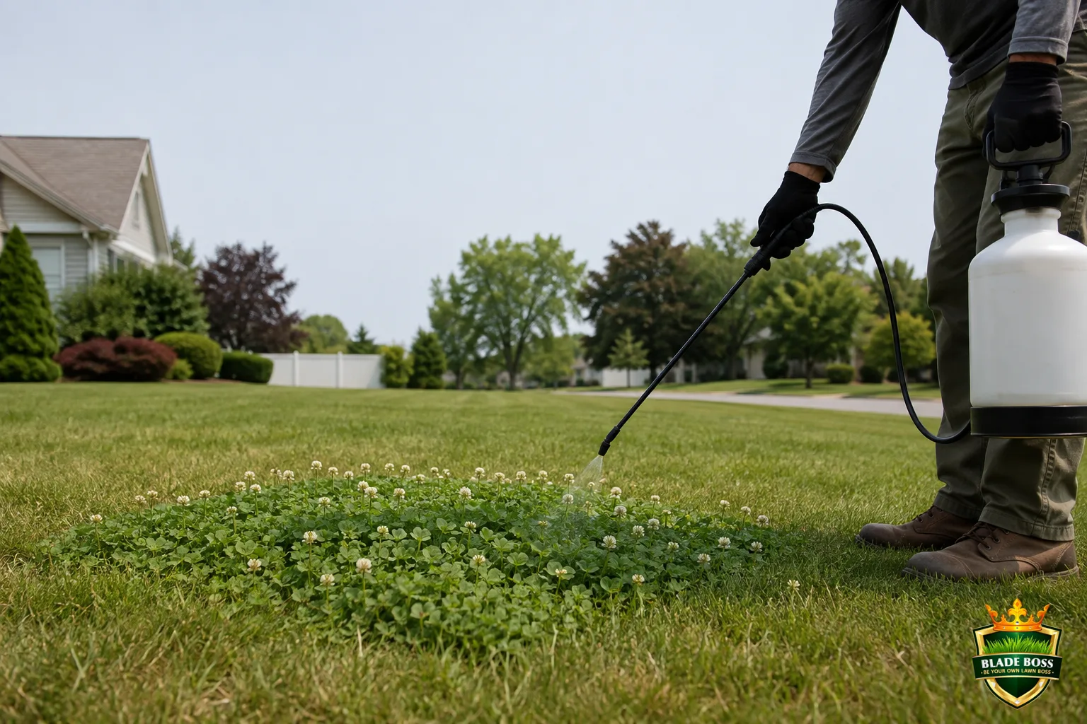 A gloved person spot-spraying a patch of white clover in a lawn with a pump sprayer on a calm day, targeting just the clover patch