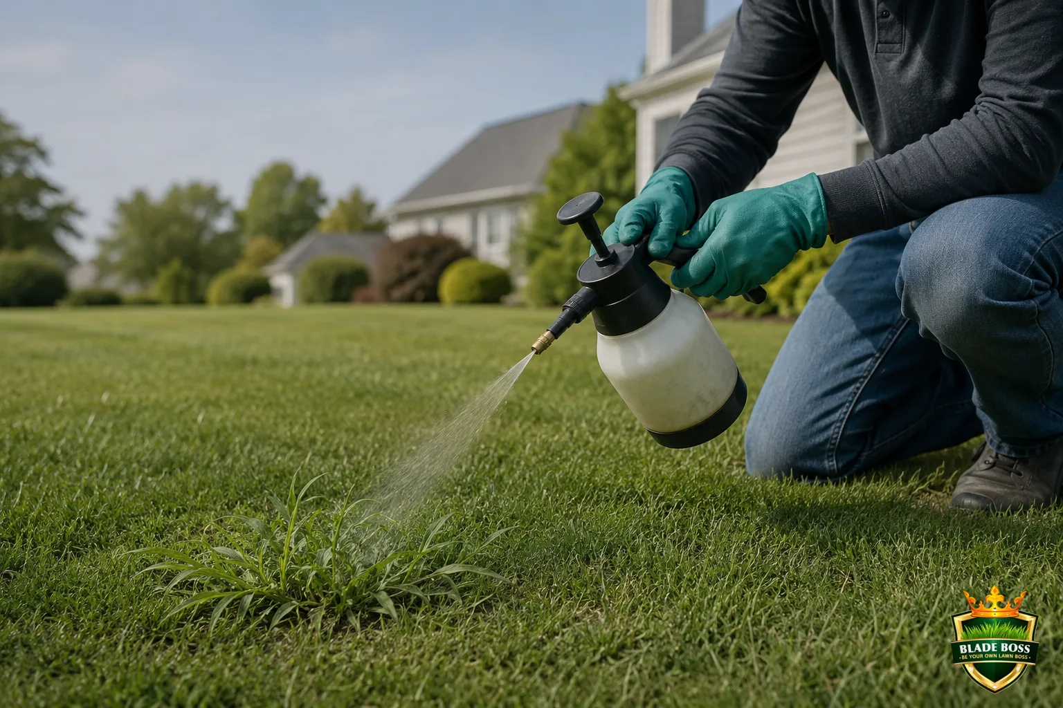A gloved person spot-spraying a low sprawling clump of annual grassy weed such as crabgrass or goosegrass with a pump sprayer, targeting just the weed patch