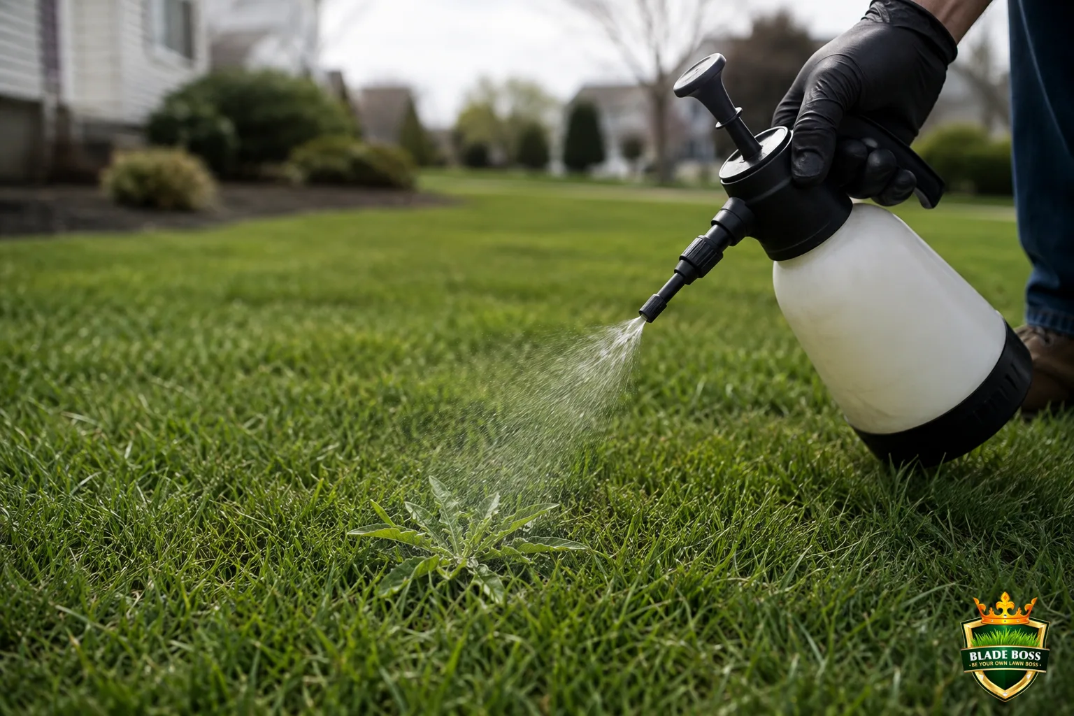 A gloved person spot-spraying a single low spreading crabgrass plant with a pump sprayer on a coarse setting, healthy grass around it