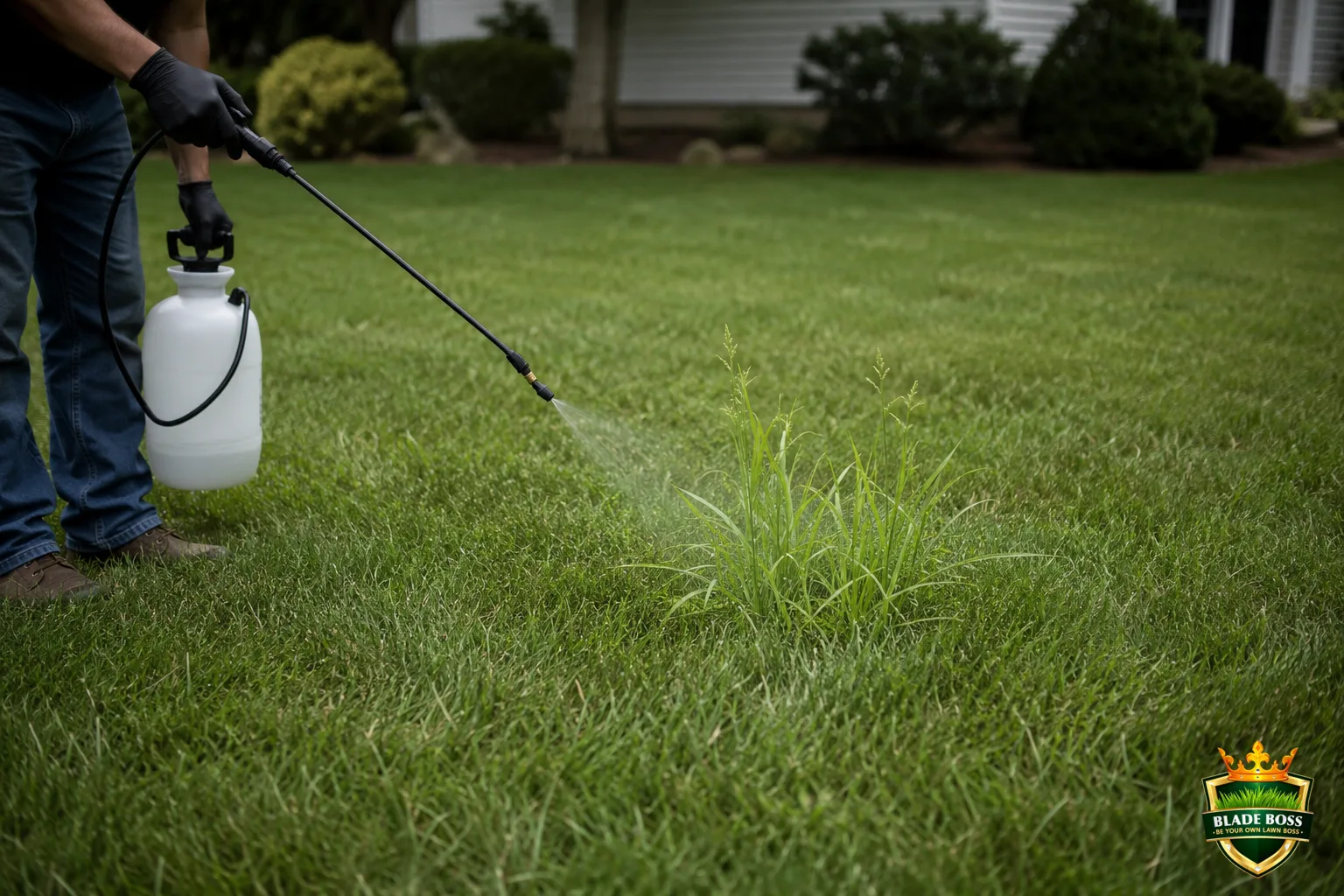 A gloved person spot-spraying a clump of tall glossy pale-green nutsedge that stands above the surrounding lawn, using a pump sprayer aimed at the sedge