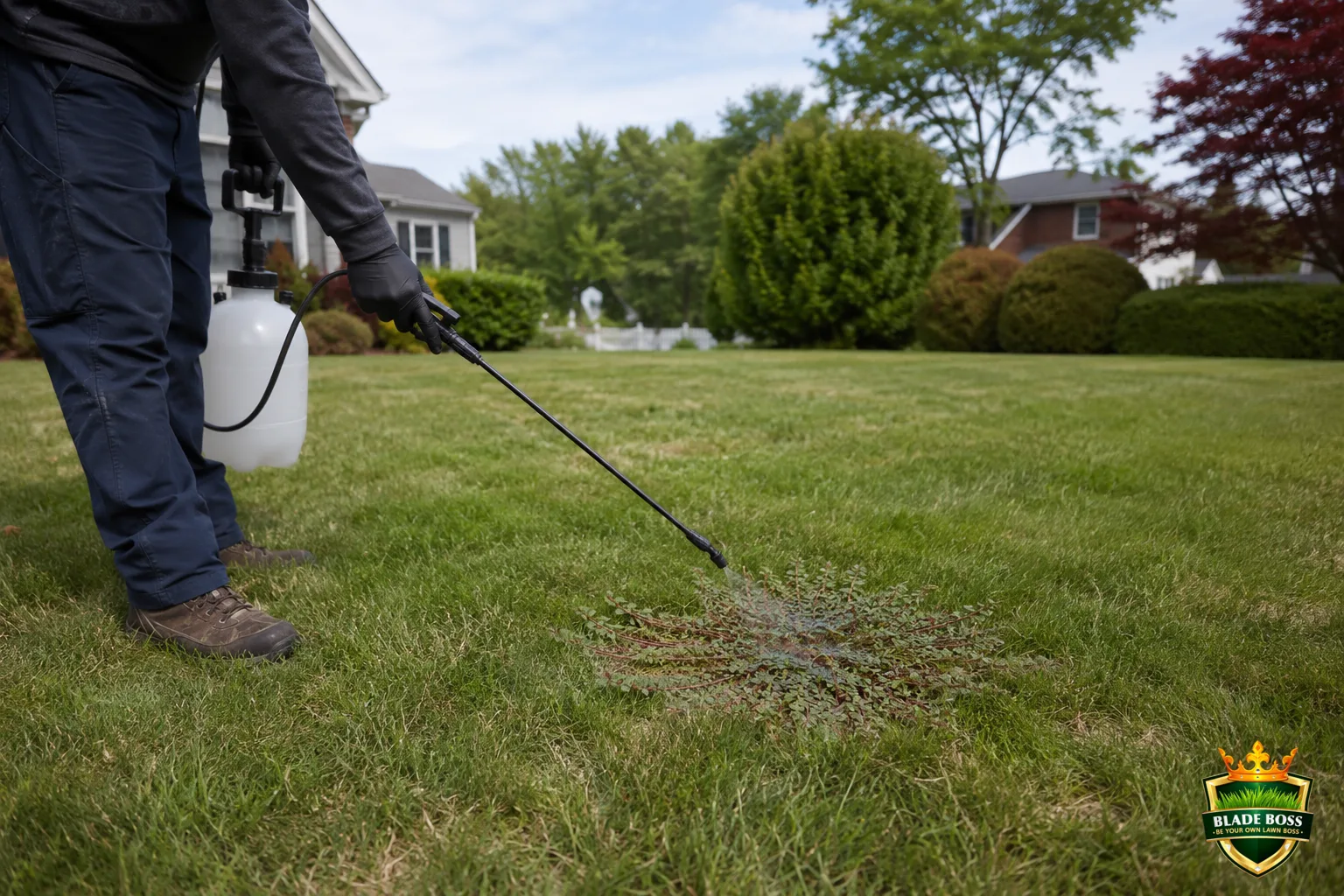A gloved person spot-spraying a flat spurge mat in a lawn with a pump sprayer, targeting just the weed patch on a calm day