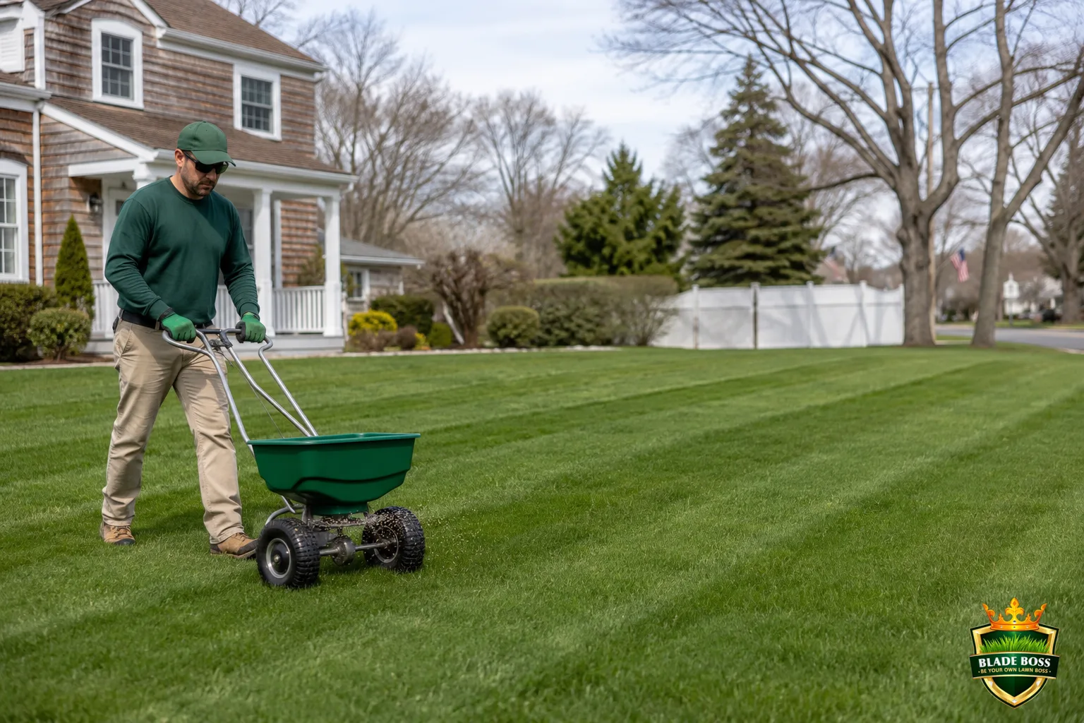 A person pushing a broadcast spreader across a healthy green lawn applying granular pre-emergent in even rows