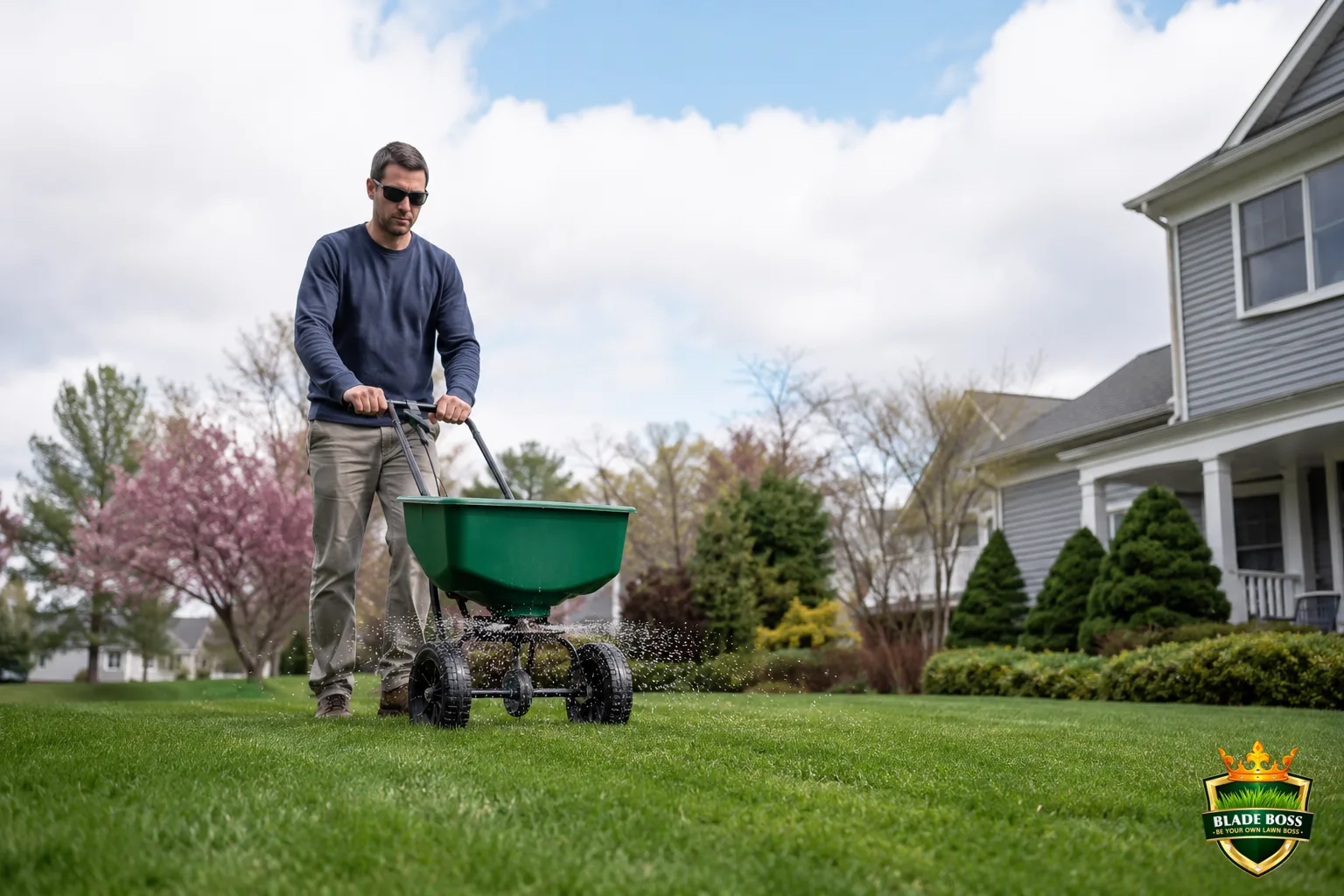 A broadcast spreader applying granular nitrogen fertilizer across a healthy green lawn, representing feeding the lawn to crowd out clover