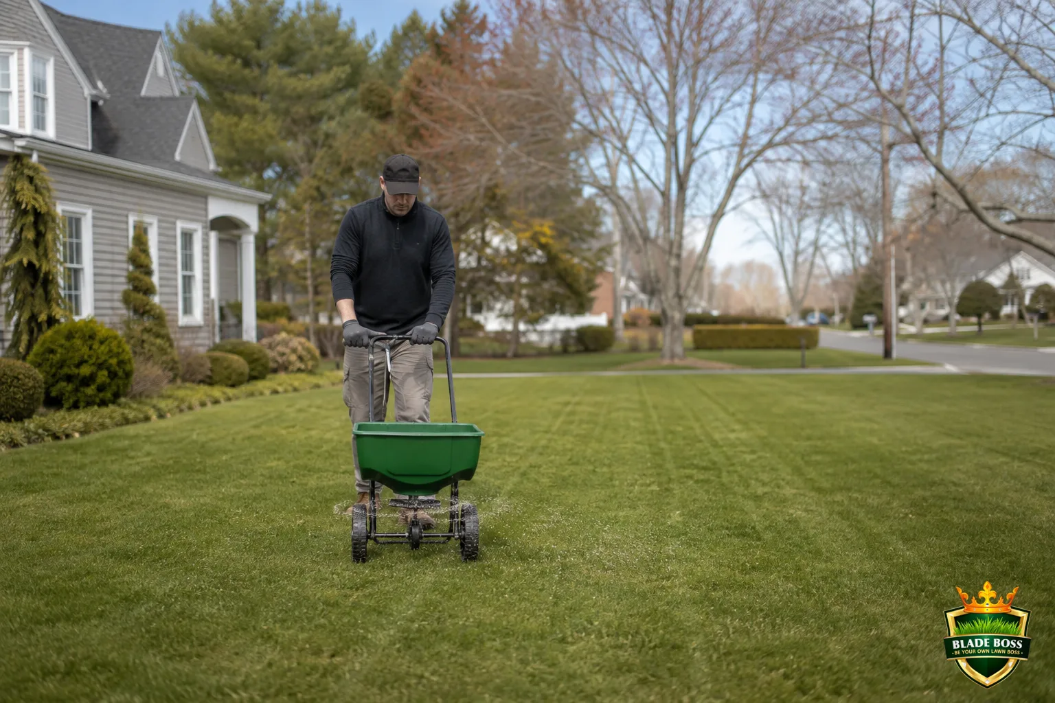 A person pushing a broadcast spreader across a green lawn applying granular pre-emergent in even rows