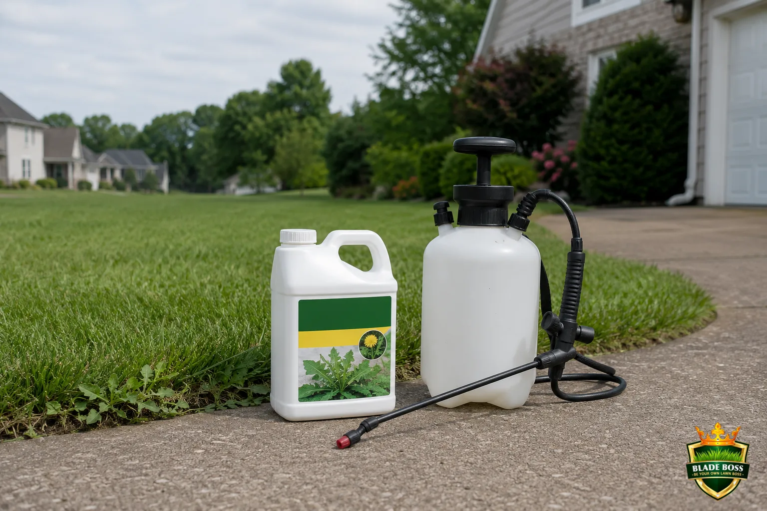 A bottle of consumer lawn weed killer concentrate next to a pump sprayer on a driveway beside a green lawn, ready to mix and spot-treat weeds