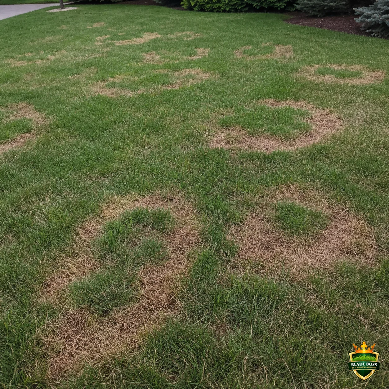 Summer Patch lawn disease identification photo, close-up in turf