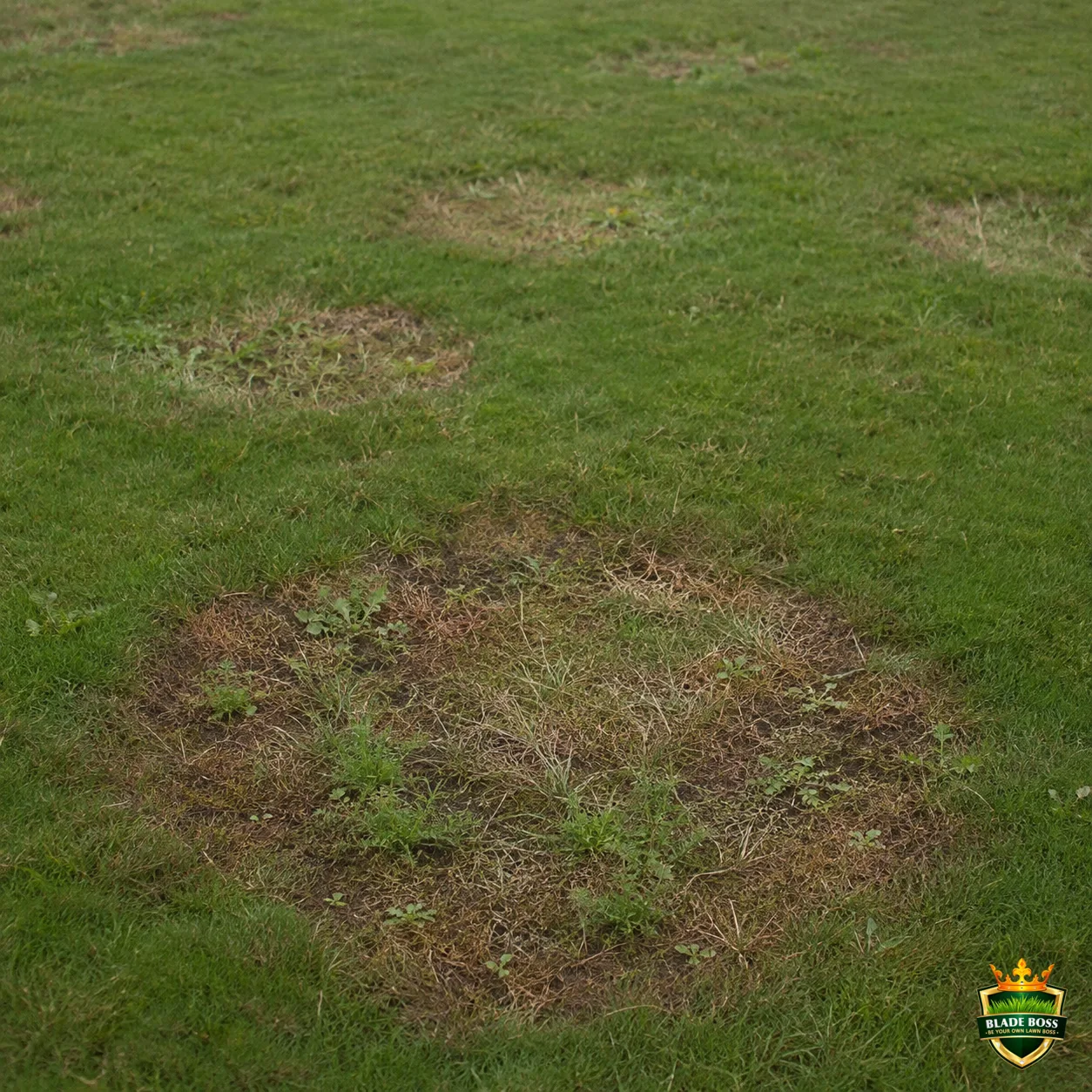 Take-All Patch lawn disease identification photo, close-up in turf