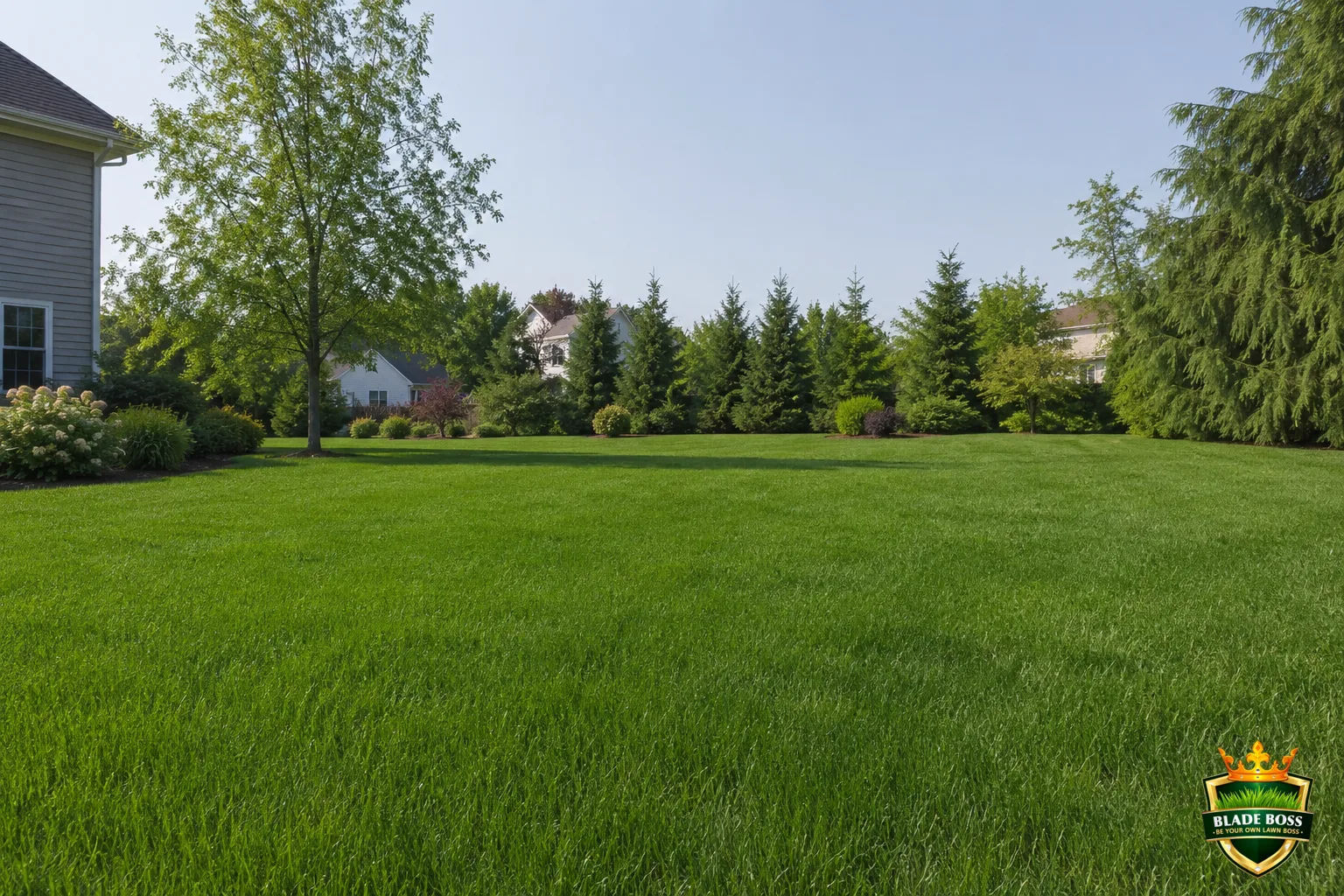 A thick, dense, healthy dark-green lawn with no weeds, mowed tall, showing how a dense lawn keeps dandelions from establishing